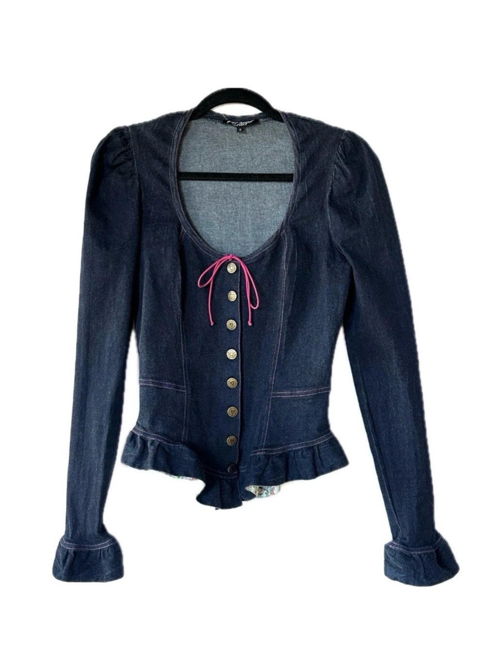 Betsey Johnson Dark Blue Denim Button Front Peplum Jacket with Pink Tie
